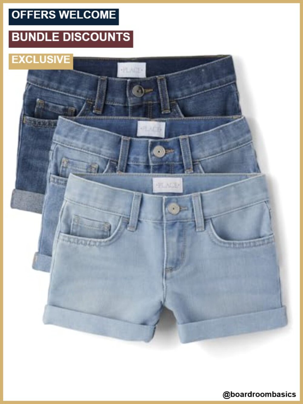 Girls Denim Bermuda Shorts 5-Pocket Roll Cuff 3-Pack Adjustable Waist